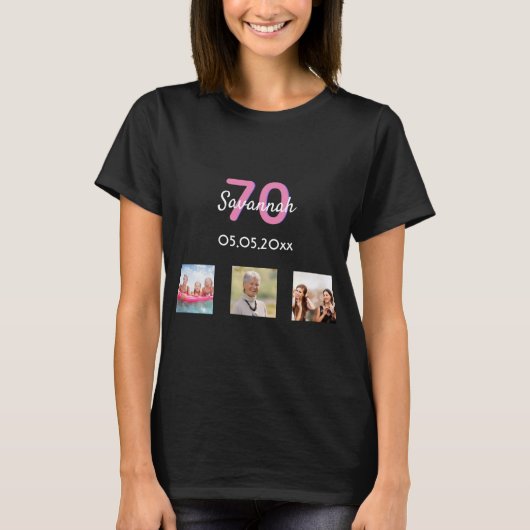 70歳の誕生日カスタム写真ピンクのモノグラム女性 Tシャツ (正面)