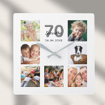 70歳の誕生日カスタム写真家 スクエア壁時計<br><div class="desc">女性のための70歳の誕生日のための贈り物としての壁時計祝、あなたの写真の7のコラージュで彼女の人生。名前、年齢70と日付をパーソナライズして追加。誕生日又は記念日黒と灰色の文字。シックな白い背景。</div>