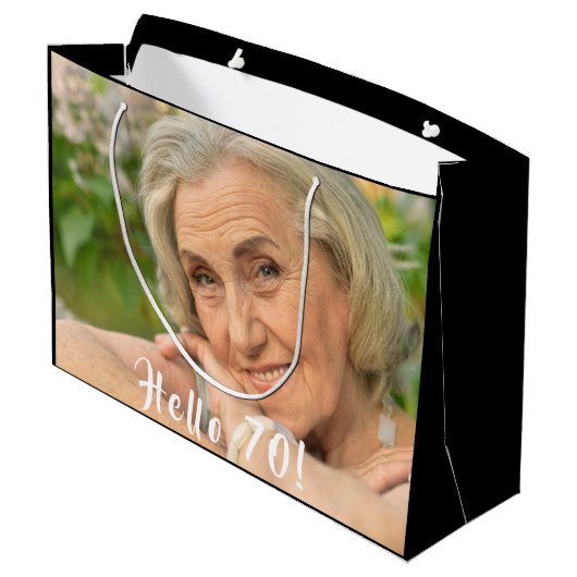 70歳の誕生日カスタム写真70人の女性 ラージペーパーバッグ (裏面アングル)