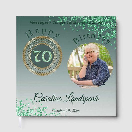70歳の誕生日グリーンラメフォトパーソナライズ ゲストブック (正面)