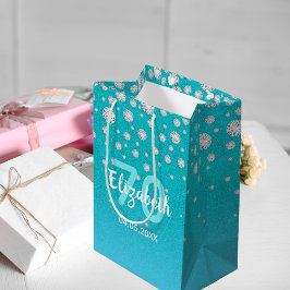 70歳の誕生日ティール（緑がかった色）ブルーグリーンネームダイヤモンド ミディアムペーパーバッグ