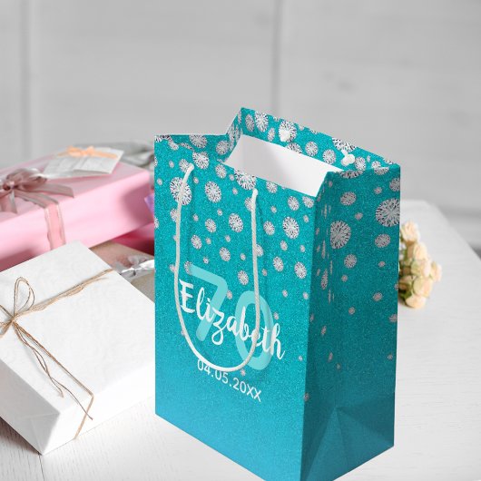 70歳の誕生日ティール（緑がかった色）ブルーグリーンネームダイヤモンド ミディアムペーパーバッグ
