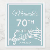 70歳の誕生日ティール（緑がかった色）ライトブルー音楽ノート ワインラベル (シングルラベル)