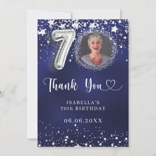 70歳の誕生日ネイビー・ブルー・シルバー・スターズの写真 サンキューカード (正面)