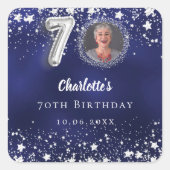 70歳の誕生日ネイビー・ブルー・シルバー・スターズの写真 スクエアシール (正面)