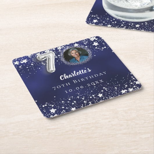 70歳の誕生日ネイビー・ブルー・シルバー・スターズの写真 スクエアペーパーコースター (アングル)
