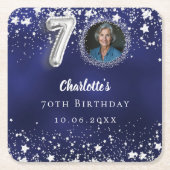 70歳の誕生日ネイビー・ブルー・シルバー・スターズの写真 スクエアペーパーコースター (正面)