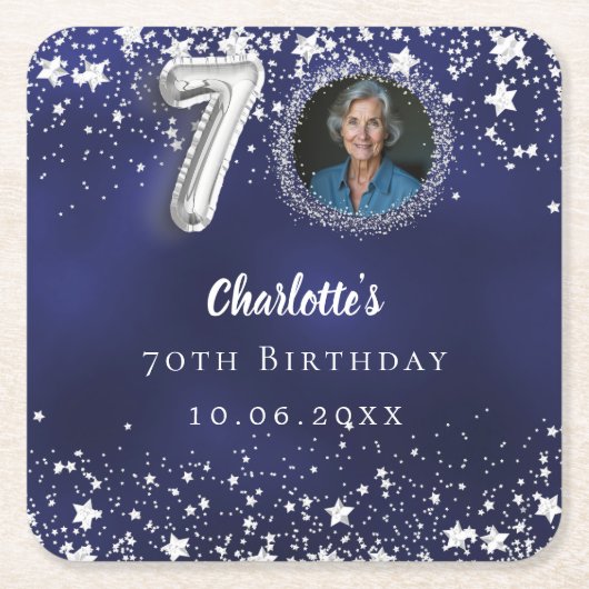 70歳の誕生日ネイビー・ブルー・シルバー・スターズの写真 スクエアペーパーコースター (正面)