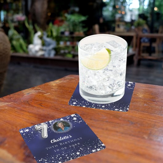 70歳の誕生日ネイビー・ブルー・シルバー・スターズの写真 スクエアペーパーコースター