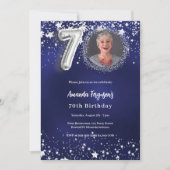 70歳の誕生日ネイビー・ブルー・シルバー・スターズの写真 招待状 (正面)