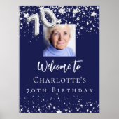 70歳の誕生日ネイビー・ブルー・シルバー・スターズ写真歓迎 ポスター (正面)