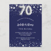 70歳の誕生日ネイビー・ブルー・シルバー・スターズ インビテーションポストカード (正面)