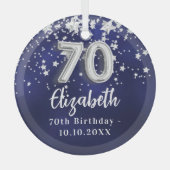 70歳の誕生日ネイビー・ブルー・シルバー・スターズ ガラスオーナメント (正面)