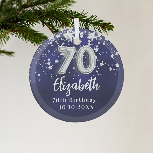 70歳の誕生日ネイビー・ブルー・シルバー・スターズ ガラスオーナメント