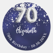 70歳の誕生日ネイビー・ブルー・シルバー・スターズ ラウンドシール (正面)