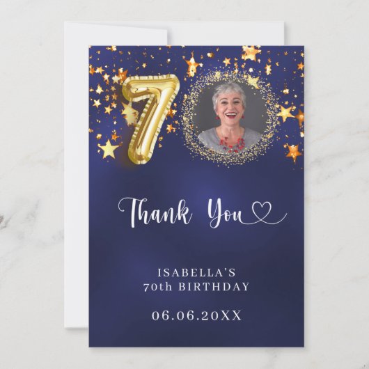 70歳の誕生日ネイビー・ブルー・金ゴールド・スターズ写真 サンキューカード (正面)