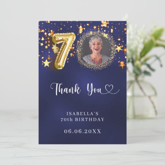 70歳の誕生日ネイビー・ブルー・金ゴールド・スターズ写真 サンキューカード (スタンド正面)