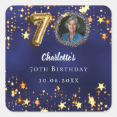 70歳の誕生日ネイビー・ブルー・金ゴールド・スターズ写真 スクエアシール (正面)