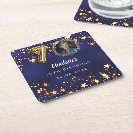 70歳の誕生日ネイビー・ブルー・金ゴールド・スターズ写真 スクエアペーパーコースター (アングル)