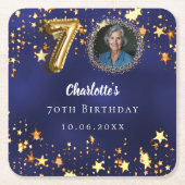 70歳の誕生日ネイビー・ブルー・金ゴールド・スターズ写真 スクエアペーパーコースター (正面)