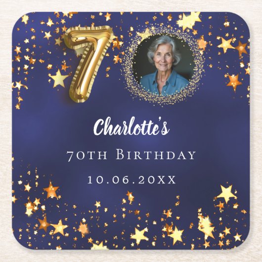 70歳の誕生日ネイビー・ブルー・金ゴールド・スターズ写真 スクエアペーパーコースター (正面)
