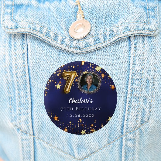 70歳の誕生日ネイビー・ブルー・金ゴールド・スターズ写真 缶バッジ