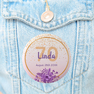 70歳の誕生日バラ金ゴールドと紙吹雪と花 缶バッジ