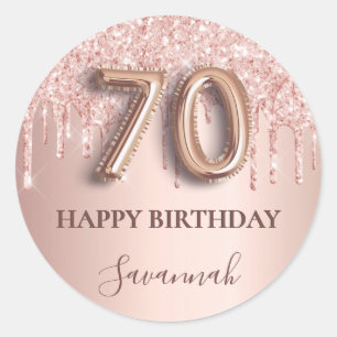 70歳の誕生日バラ金ゴールドグリッターピンクバルーンスタイル ラウンドシール