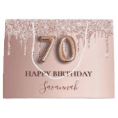 70歳の誕生日バラ金ゴールドグリッターピンクバルーンスタイル ラージペーパーバッグ (正面)