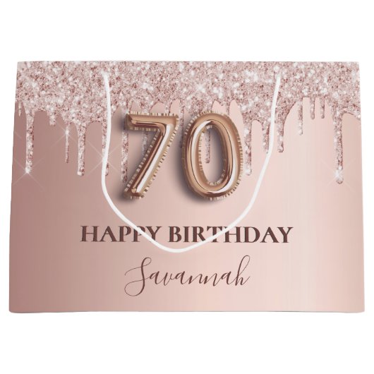 70歳の誕生日バラ金ゴールドグリッターピンクバルーンスタイル ラージペーパーバッグ (正面)