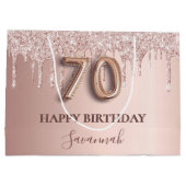 70歳の誕生日バラ金ゴールドグリッターピンクバルーンスタイル ラージペーパーバッグ (裏面)