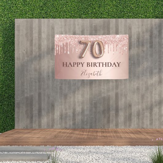 70歳の誕生日バラ金ゴールドグリッターピンクバルーンスタイル 横断幕