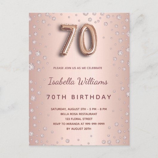 70歳の誕生日バラ金ゴールドディアモンバルーンスクリプト ポストカード (正面)