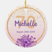 70歳の誕生日バラ金ゴールドパープル花模様名 セラミックオーナメント (裏面)
