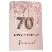 70歳の誕生日バラ金ゴールドピンクの滴 ミディアムペーパーバッグ (正面)