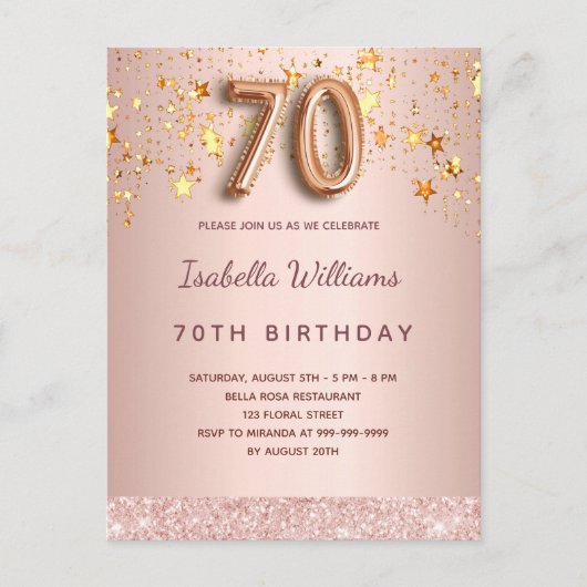 70歳の誕生日バラ金ゴールドピンク星バルーンスクリプト ポストカード (正面)