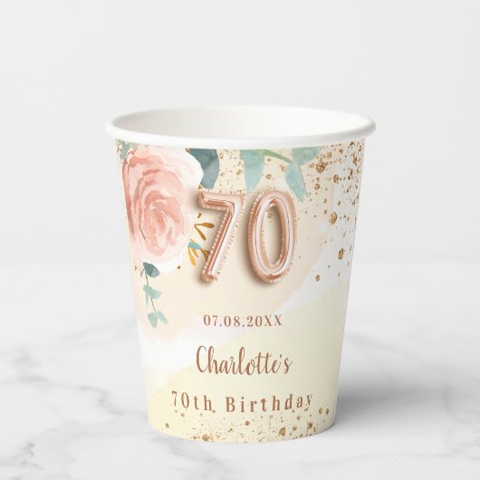 70歳の誕生日バラ金ゴールド花模様 エレガント 紙コップ (裏面)