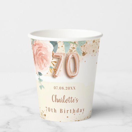 70歳の誕生日バラ金ゴールド花模様 エレガント 紙コップ (正面)