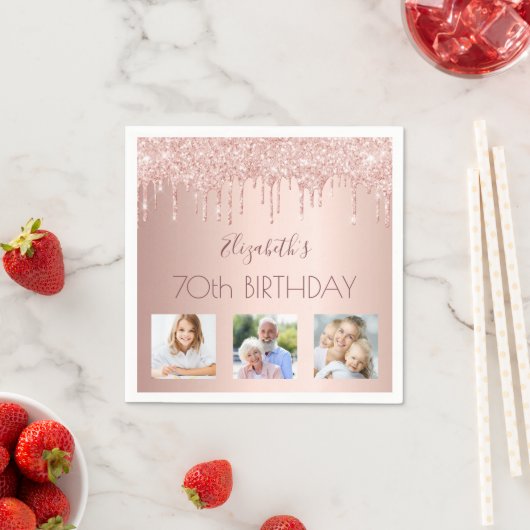 70歳の誕生日バラ金ゴールド赤面グリッター写真 スタンダードカクテルナプキン (インサイチュ)