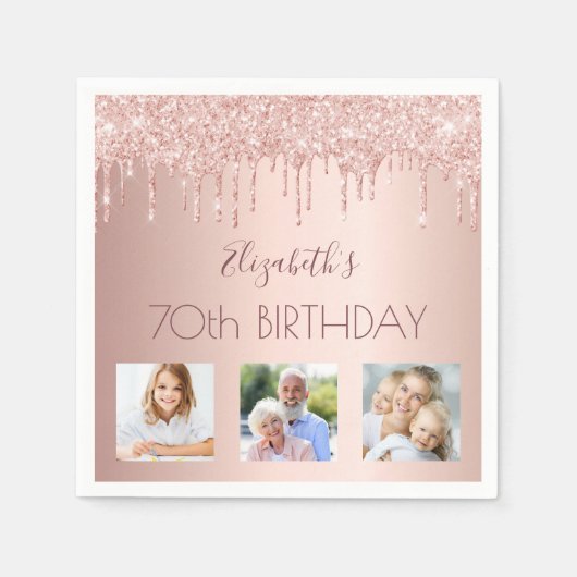 70歳の誕生日バラ金ゴールド赤面グリッター写真 スタンダードカクテルナプキン (正面)