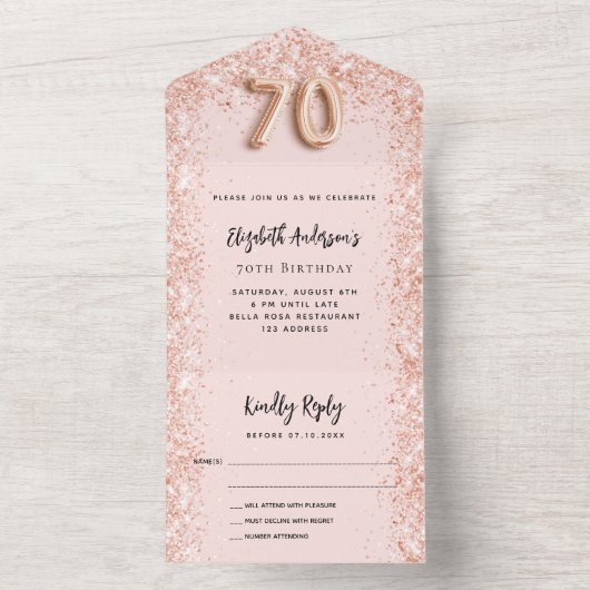 70歳の誕生日バラ金ゴールド赤面スパークルパーティーRSVP オールインワン招待状 (内側)