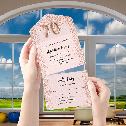 70歳の誕生日バラ金ゴールド赤面スパークルパーティーRSVP オールインワン招待状