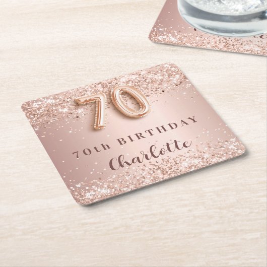 70歳の誕生日バラ金ゴールド赤面名 スクエアペーパーコースター (アングル)