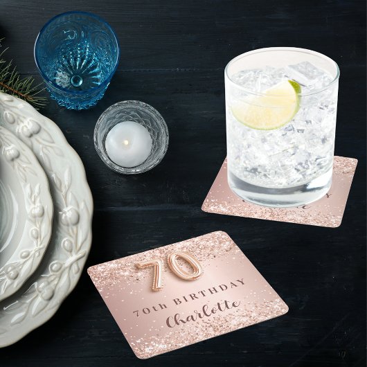 70歳の誕生日バラ金ゴールド赤面名 スクエアペーパーコースター