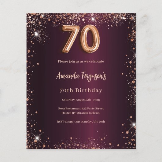 70歳の誕生日バーガンディ金ゴールド招待 (正面)