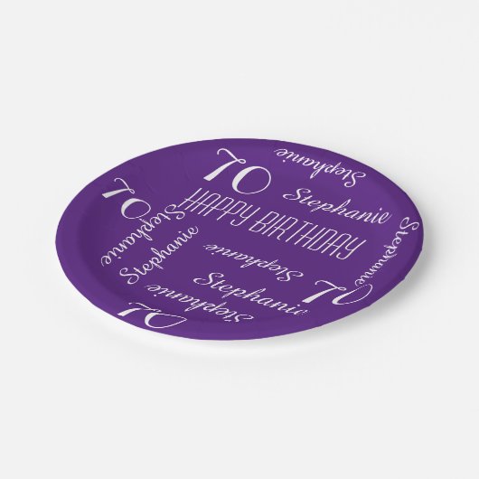 70歳の誕生日パーティーで繰り返される名前の上品な紫 ペーパープレート (アングル)