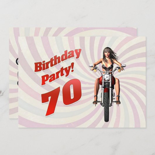 70歳の誕生日パーティーで、バイクで女の子と一緒に過ごす 招待状 (正面/裏面)