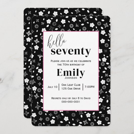 70歳の誕生日パーティーのための白黒のポシー 招待状 (正面/裏面)