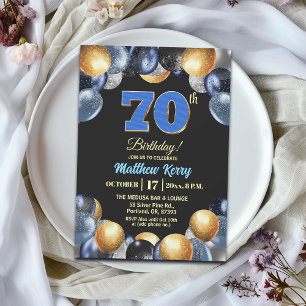 70歳の誕生日パーティーのエレガントブルーシルバーゴールド 招待状