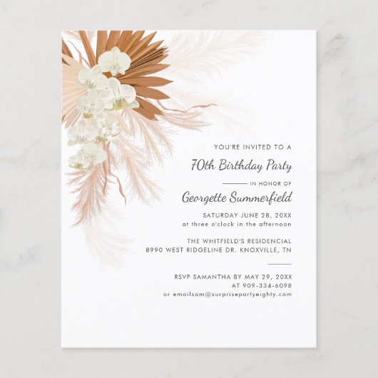 70歳の誕生日パーティーのパンパスグラス招待状 (正面)